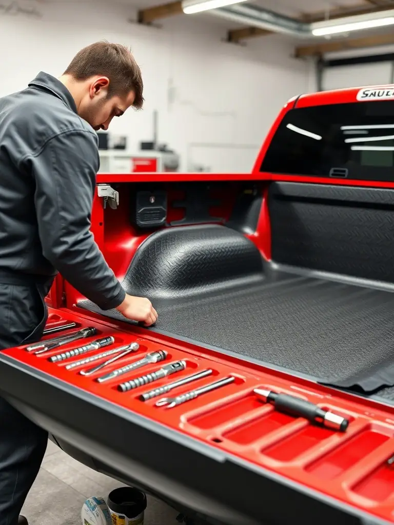 A photo showcasing a customized truck bed liner being installed at Tumbados Garage, emphasizing the unique services offered.