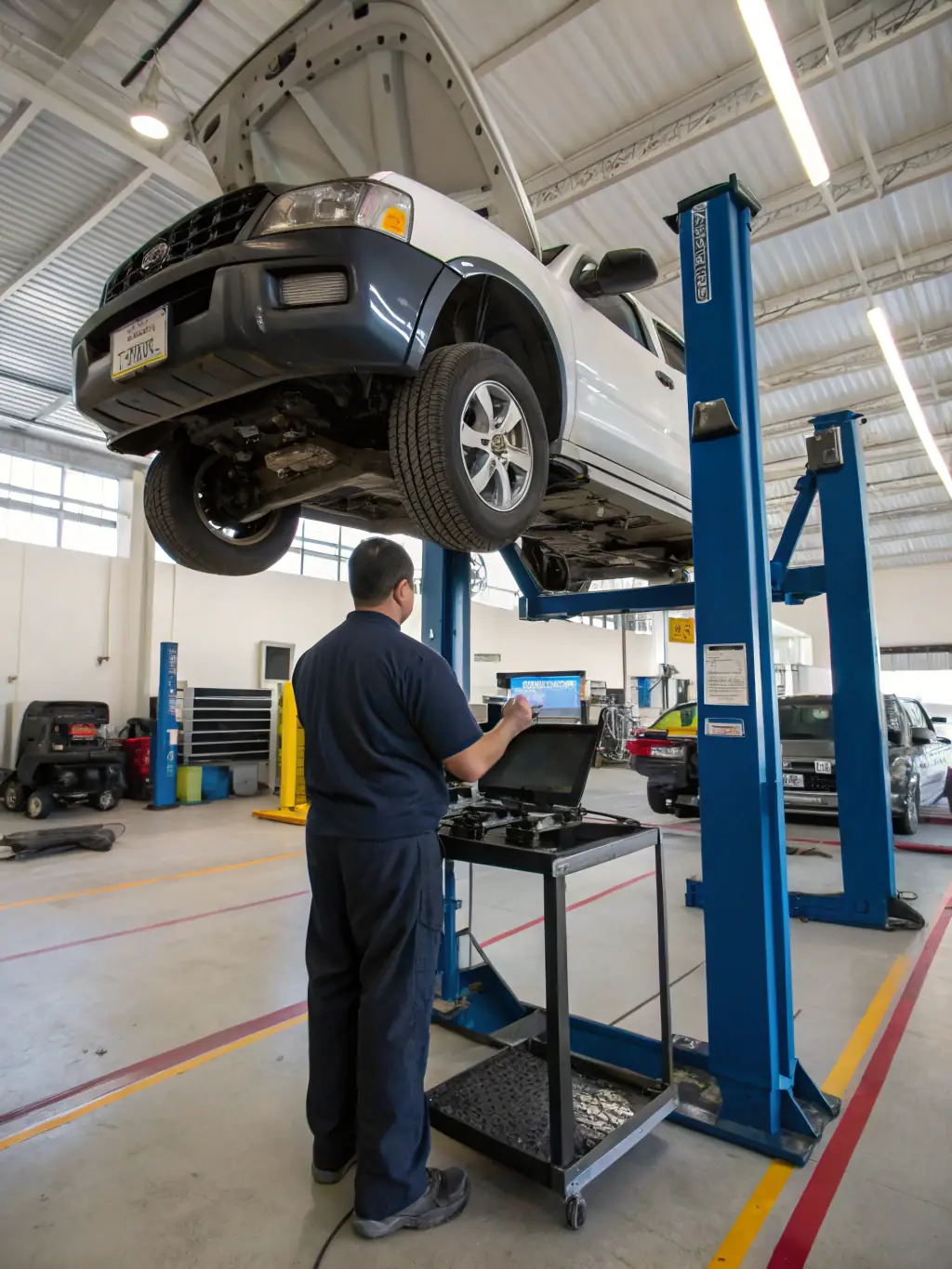 A photo of a truck undergoing routine maintenance at Tumbados Garage, highlighting the meticulous attention to detail.