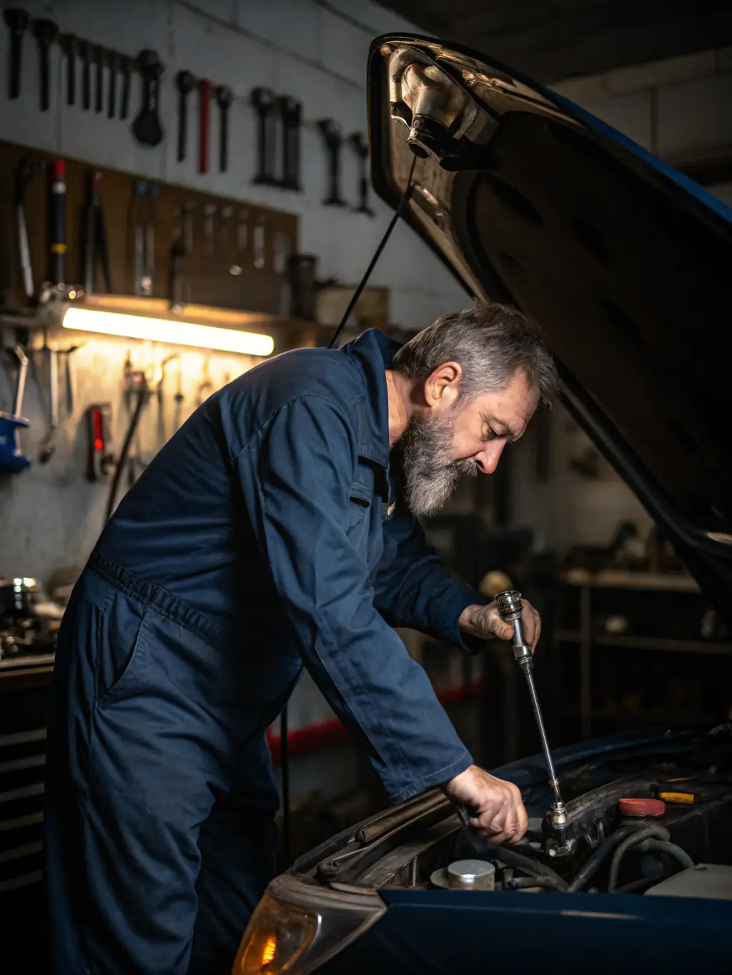A high-quality photo showcasing a mechanic expertly diagnosing a truck engine at Tumbados Garage, with visible tools and diagnostic equipment.